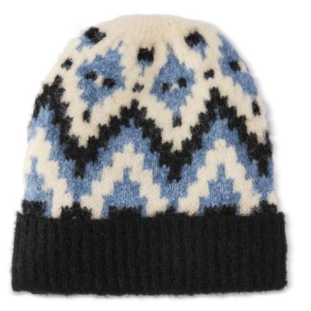 Aqua Women Beanie One Size Navy Fair Isle Cozy Knit Cuffed Winter Hat NWT